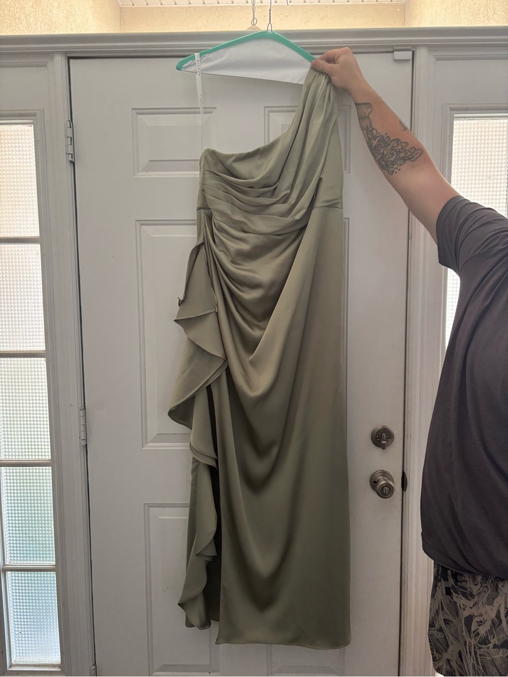 Azazie Pistachio Green One-Shoulder Satin Bridesmaid Dress